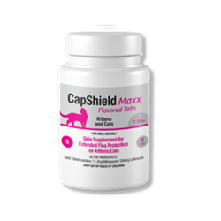CapShield Maxx© Flavored Tabs - Feline 7-15 lbs. 6ct. CapShield, Maxx, Flavored, Tabs, Feline, Plus, scored, tuna, flavored, tablet, 7-15, lbs., pounds,  more, precise, economical, dosing, options, Color, coded, eliminate, confusion, dosing, multiple, cats, pets, dogs, same, household, labels, weight, bands, Skin, Supplement, Extended, Flea, Protection, combination, Nitinpyram, Lufenuron, growth, inhibitor, IGR, stay, blood, stream, system, 30, days, thirty, fleas, blood, feed, meal, not, reproduce, sterilize, introduce, long-term, animal’s, environment, sun, breaks, down, yard, sprays, bedding, blankets, beds, furniture, vacuum, American, made, USA