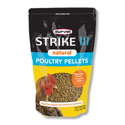Durvet® Strike III Natural Poultry Pellets Durvet® Strike, III, Natural, Poultry, Pellets, Supplies, Antibiotic, free, health, care, Veterinary, formulated, support, digestive, health, genetic, potential, poultry, all, classes, pumpkin, seed, oregano, garlic, taste, birds, love, 50, Day, Supply, 5, average, sized, chickens, Dosage: Mix, 1, lb, Strike, III, Natural, 50, lbs, feed, mix, 2, teaspoons, per, 1, lb, feed, daily, no, egg, food, withdrawal.