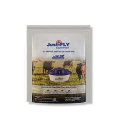 JustiFLY® Liquid Feed 5lb Add Pack JustiFLY®, Liquid, Feed, 5, lb ,pound, pounds, add, pack, pk, perfect, addition, insect, growth, regulator, IGR, larvicide, breaks, life, cycle, all, four, fly, species, affect, cattle, pour, contents, feeder, added, ingested, treated, throughout, fly, season, feedthrough, passes, through, animal, starts, work, flies, cattle, manure