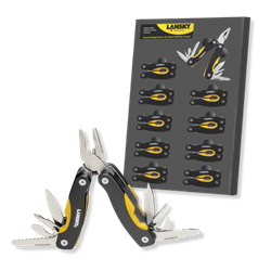 Lansky® Mini-Multi Tool Display Lansky Mini-Multi Tool, pocket sized multi tool, 12 function tool, Needle nosed plyers/grippers, Wire Cutter, Plain Blade, Serrated Blade, Small Phillips screwdriver, Small flathead screwdriver, Medium flathead screwdriver, Large flathead screwdriver, File, Awl, Bottle opener, Can opener