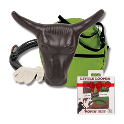 Mustang® Little Looper Roping Kit Mustang, MFG, Little, Looper, Roping, Kit, manufacturing, Equine, horse, roping, supplies, enthusiast, gifts, Includes, 5/16”, 20’, lime, black, waxed, nylon, rope, rawhide, burner, bag, cotton, glove, jr, steer, head, metal, spikes, hay, bale, stack, handy, carrying, handle