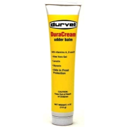 Durvet® DuraCream Udder Balm Durvet®, DuraCream, Udder, Balm, teat, formulated, penetrate, soothe, soften, chapped, irritated, skin, Daily, applications, protect, teats, against, effects, weather, extremes, frostbite, low, humidity, warm, cold, temperatures, recommended, hands, other, skin, areas, exposed, frequent, washing, temperature, extremes, Creamy, cosmetic, base, provides, ease, application, Contains, Vitamins,  A, D, E, Lanolin, maximum, penetration, soothing, pleasant, scent, customer, appeal, dairy, cattle