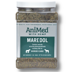 Animed® AniProfen Animed®, Maredol, Hemp, proprietary, blend, hulls, rasberry, leaves, chasteberry, extract, Vitamin, B6, formulated, help, maintain, mare, mares, normal, hormone, levels, emotional, balance. 1, lb, lbs, pound, pounds, feeds, 55, day, supply, Contains, naturally, occurring, phytocannabinoids, CBD, horse, care
