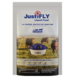 JustiFLY® Liquid Feed 2.5lb Add Pack JustiFLY®, Liquid, Feed, 2.5, lb ,pound, pounds, add, pack, pk, perfect, addition, insect, growth, regulator, IGR, larvicide, breaks, life, cycle, all, four, fly, species, affect, cattle, pour, contents, feeder, added, ingested, treated, throughout, fly, season, feedthrough, passes, through, animal, starts, work, flies, cattle, manure